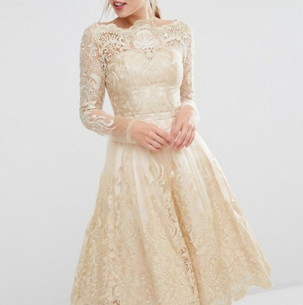 Modcloth | Lace Metallic Dress | Gold, Cream - Picture 2 of 9